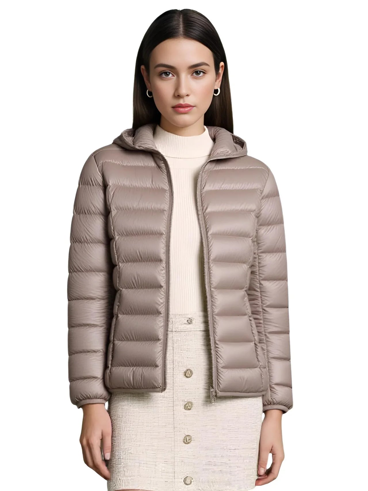 Woman wearing a khaki puffer jacket on a white background
