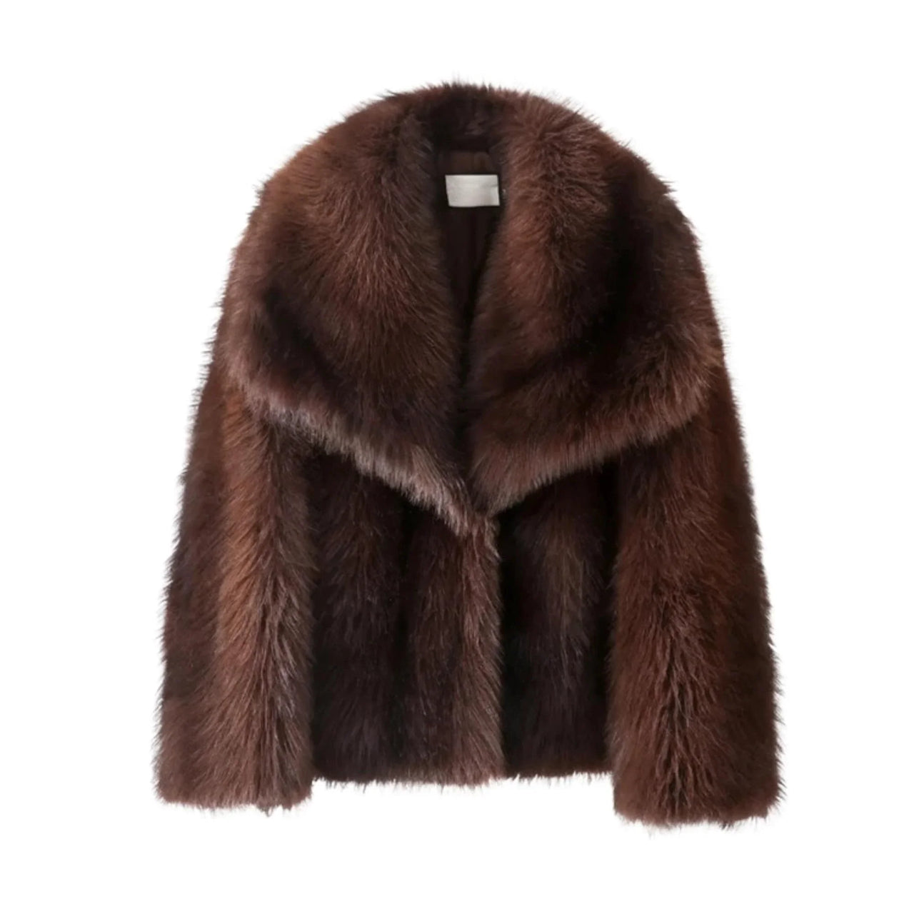 Dark brown faux fur coat on a white background