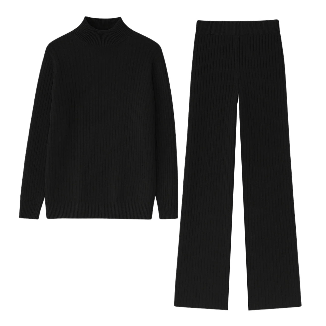 Black ribbed sweater and pants set on a white background
