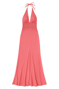 Thumbnail for Pink halter neck dress with lace on a white background