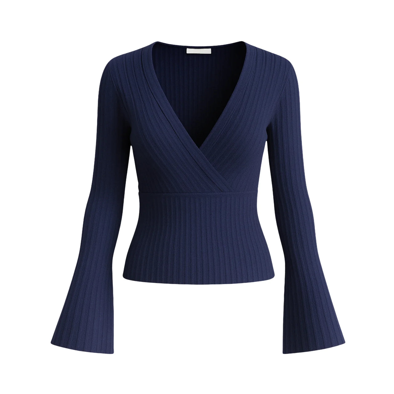 Navy blue ribbed long-sleeve top on a white background