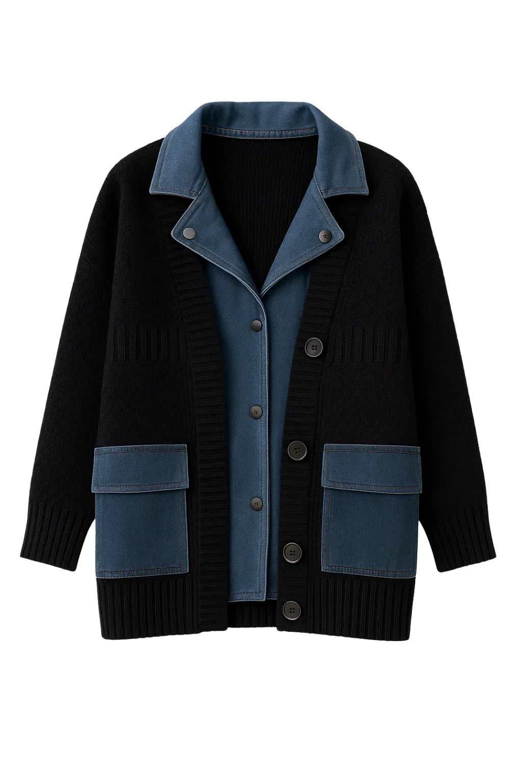 Black cardigan with blue denim collar and pocket accents on a white background