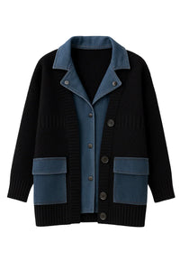 Thumbnail for Black cardigan with blue denim collar and pocket accents on a white background