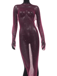 Thumbnail for Shiny Rhinestone Fishnet Dress Long Sleeve O-Neck Hollow Out Side Slit Dress Sexy Cover Up, Dresses, Maxi Dresses, Long Sleeves, One Size, United States, USA, Canada, Australia, New Zealand, United Kingdom, UK, Black, Pink, Deep Pink, White, Orange, Green, Nude, Grey, sparkly fishnet dress, sheer rhinestone dress, mesh rhinestone dress, crystal rhinestone dress, shopdrestiny.com