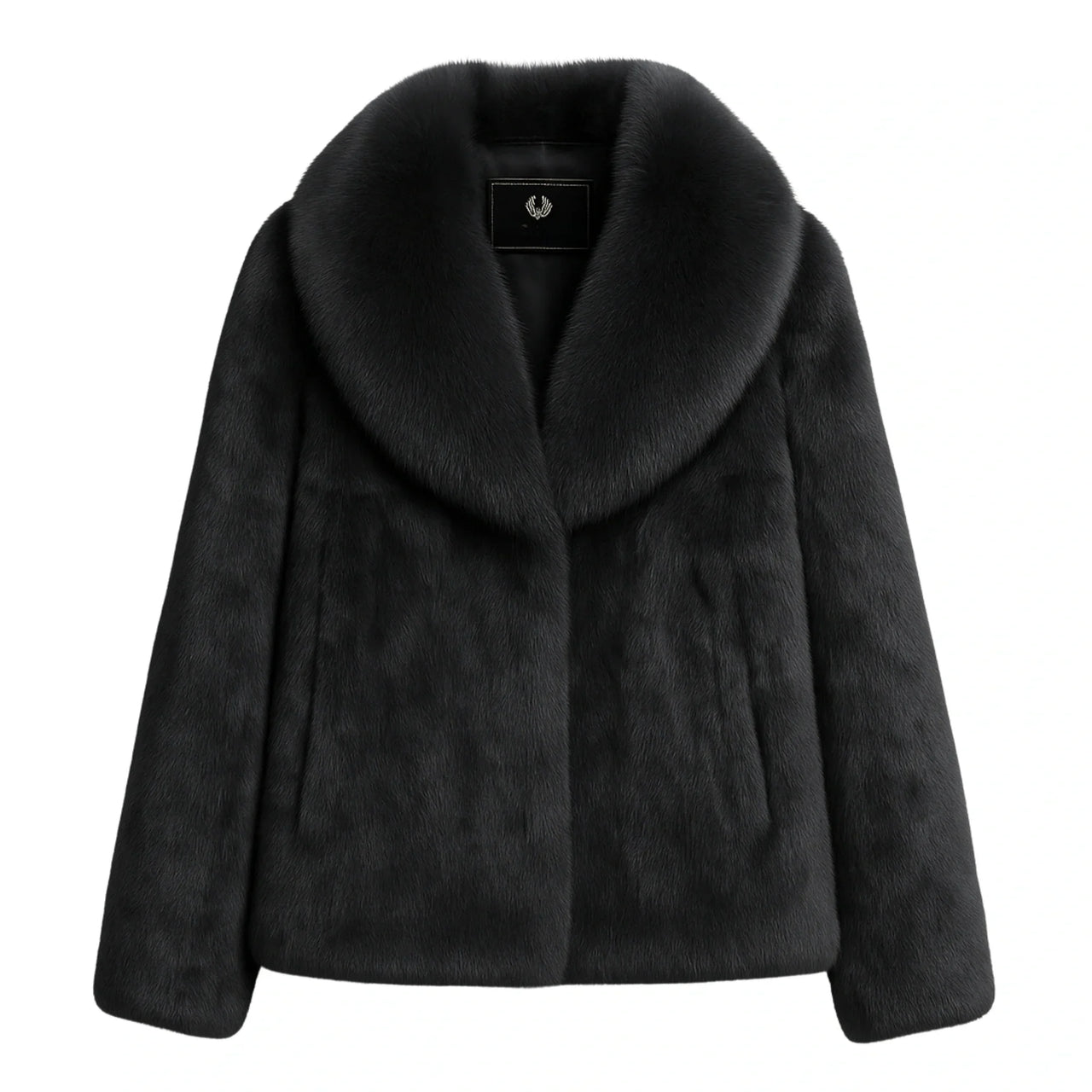 Dark grey rabbit fur coat with a fur collar on a white background