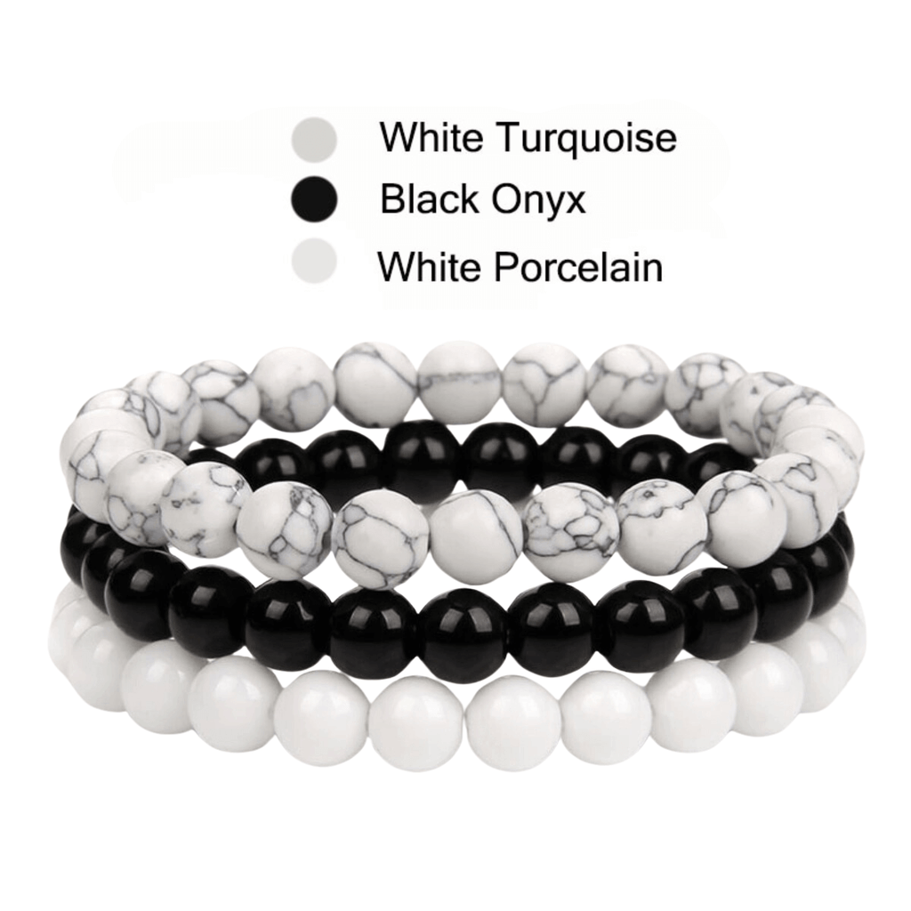 8mm Natural Stone Bracelet White Turquoise/Black Onyx/White Porcelain 3 Piece Set