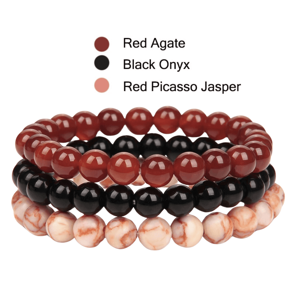 8mm Natural Stone Bracelet Red Agate/Black Onyx/Red Picasso Jasper 3 Piece Set