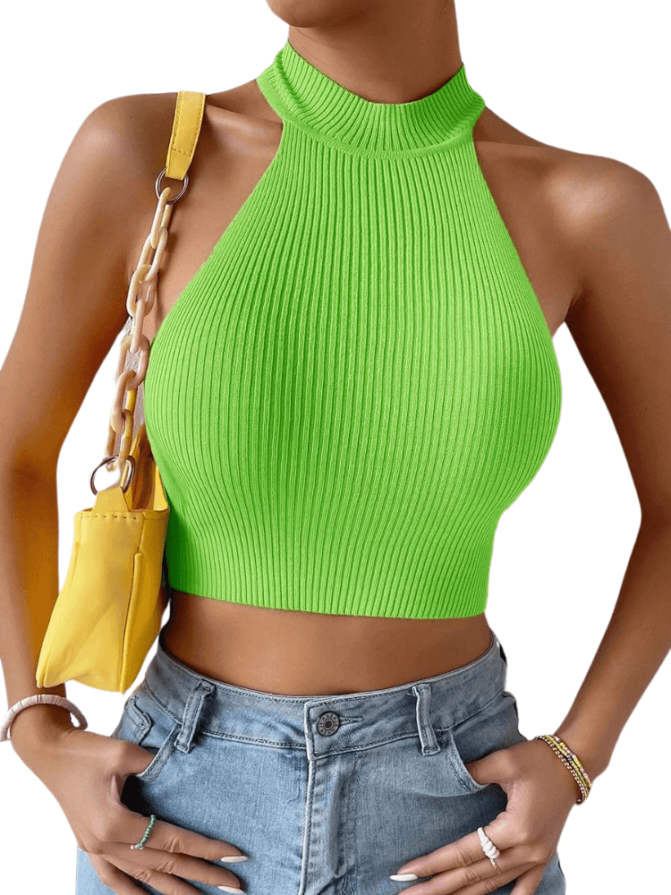 Women's Ribbed Knit Sleeveless Green Cropped Tank Top