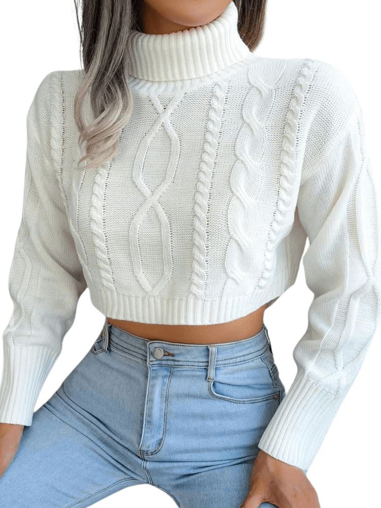Knit White Turtleneck Crop Sweater For Women