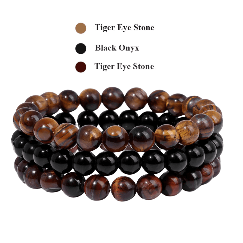8mm Natural Stone Bracelet - Tiger Eye and Black Onyx 3 Piece Set