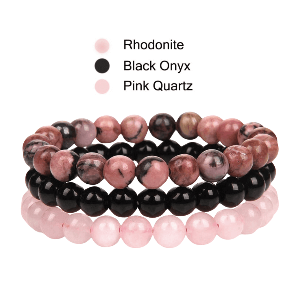 8mm Natural Stone Bracelet Rhodonite/Black Onyx/Pink Quartz 3 Piece Set