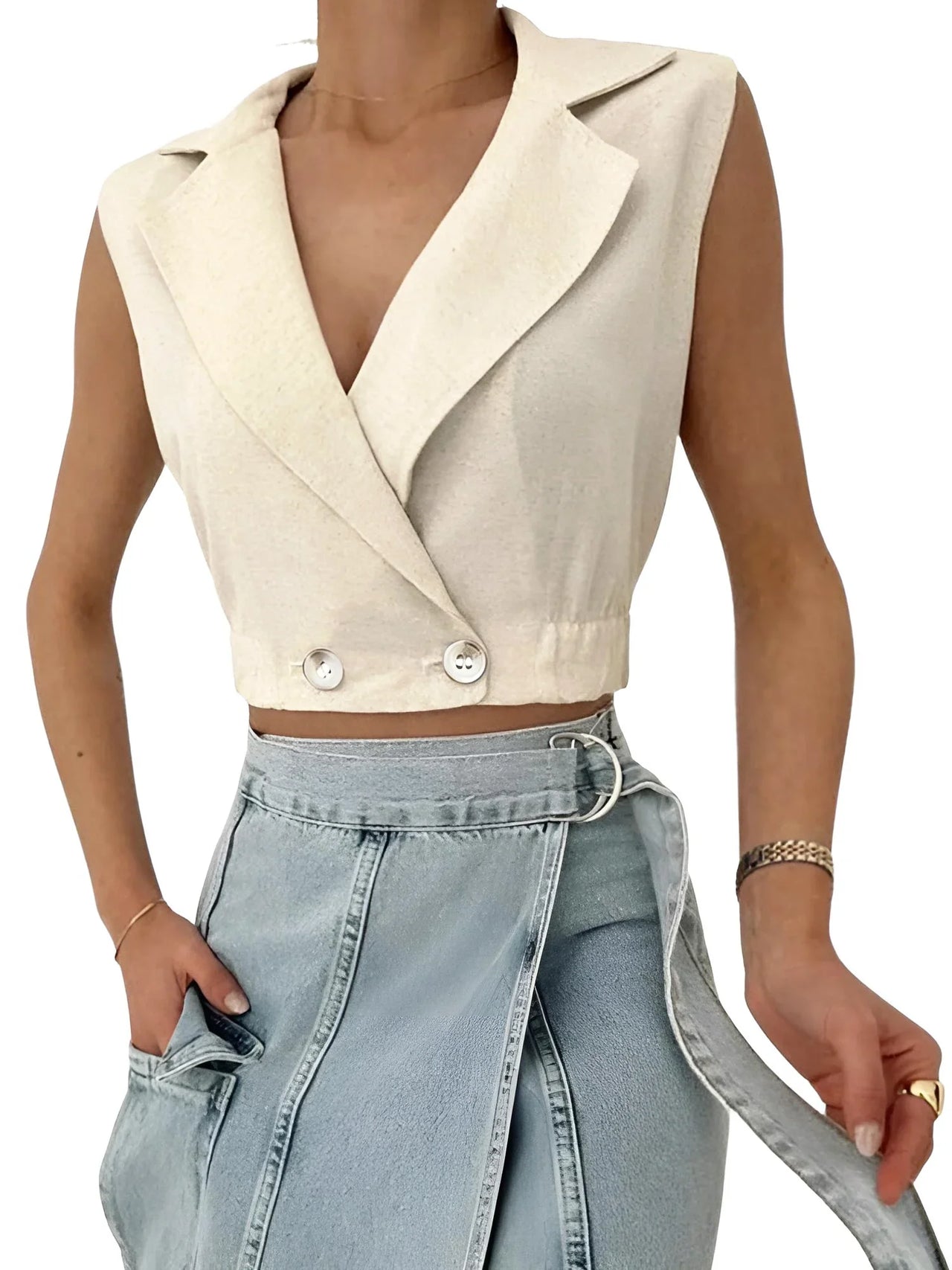 Versatile Sleeveless Collared Crop Top - Button Front Linen Look Vest, Drestiny, Sleeveless, Tank Tops, Crop Tops, Casual Shirts, S, M, L, XL, Khaki, United States, USA, Canada, Australia, New Zealand, United Kingdom, UK, sleeveless blazer top, crop top vest, collared crop shirt, summer crop top, sleeveless waistcoat top, linen look crop vest, collared sleeveless top, button front crop blouse, smart casual crop top, shopdrestiny.com