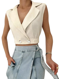 Thumbnail for Versatile Sleeveless Collared Crop Top - Button Front Linen Look Vest, Drestiny, Sleeveless, Tank Tops, Crop Tops, Casual Shirts, S, M, L, XL, Khaki, United States, USA, Canada, Australia, New Zealand, United Kingdom, UK, sleeveless blazer top, crop top vest, collared crop shirt, summer crop top, sleeveless waistcoat top, linen look crop vest, collared sleeveless top, button front crop blouse, smart casual crop top, shopdrestiny.com
