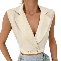 Thumbnail for Khaki sleeveless blazer worn by a woman on a white background