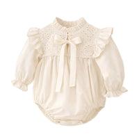 Thumbnail for Antique white baby romper with lace details on a white background