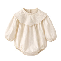 Thumbnail for Cream-colored baby romper with a lace collar on a white background