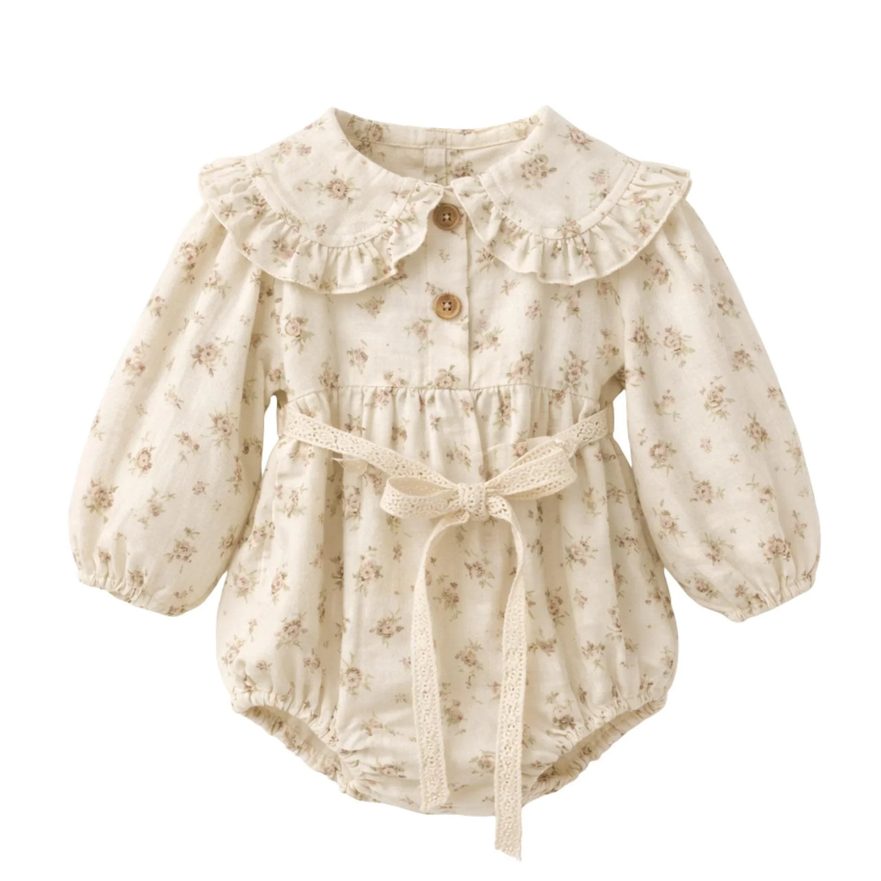 Cream floral baby romper with ruffled collar on a white background