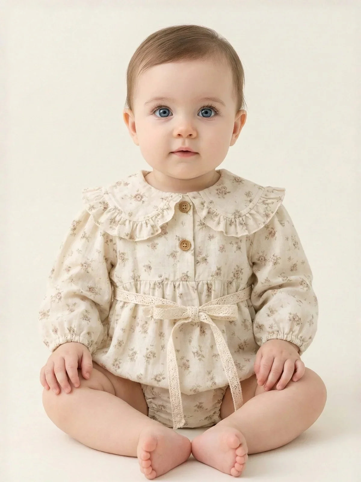 Baby wearing a vintage cream floral long sleeved romper on a beige background.