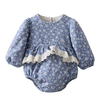 Thumbnail for Blue floral baby romper with lace trim on a white background