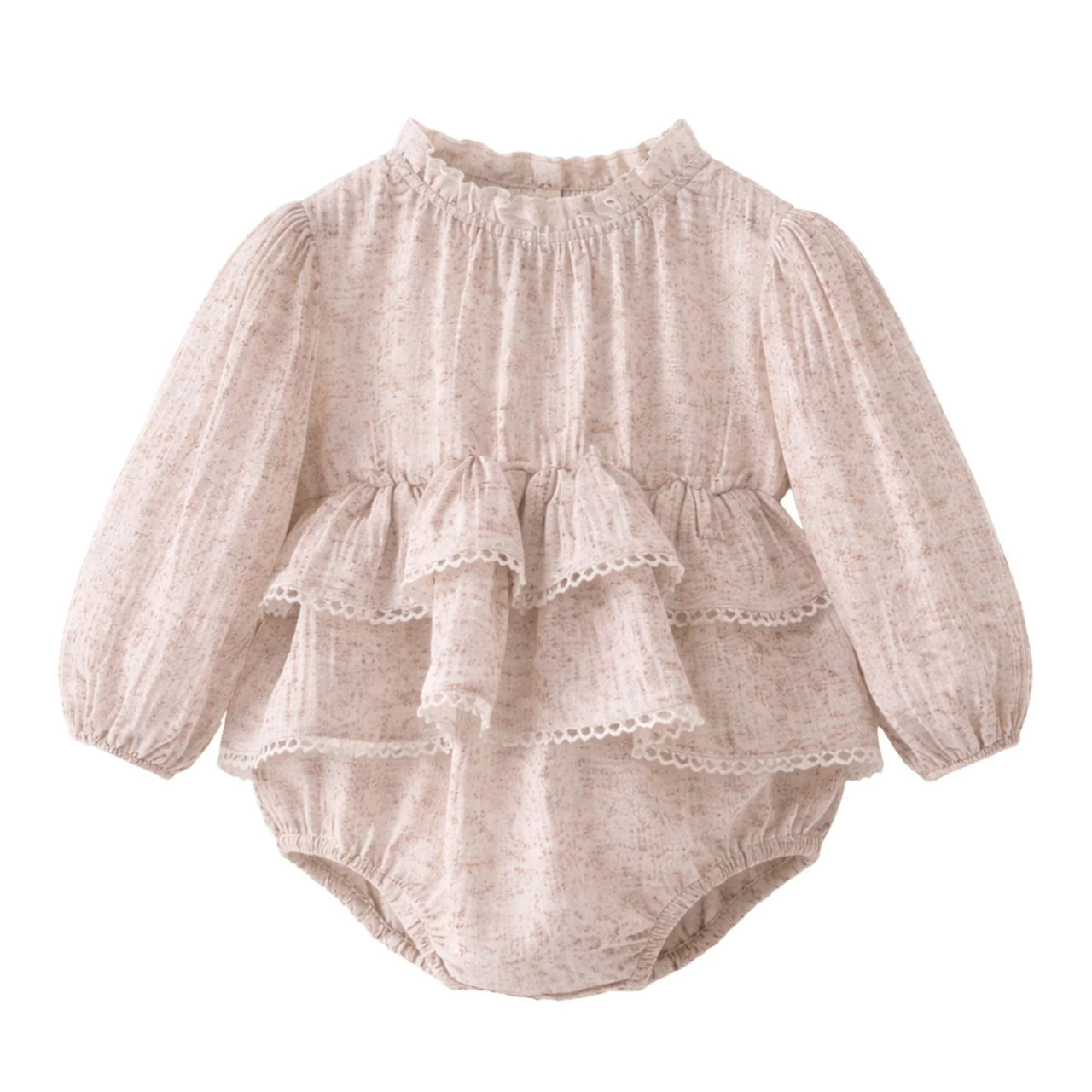 Pink baby romper with ruffled layers on a white background