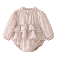 Thumbnail for Pink baby romper with ruffled layers on a white background