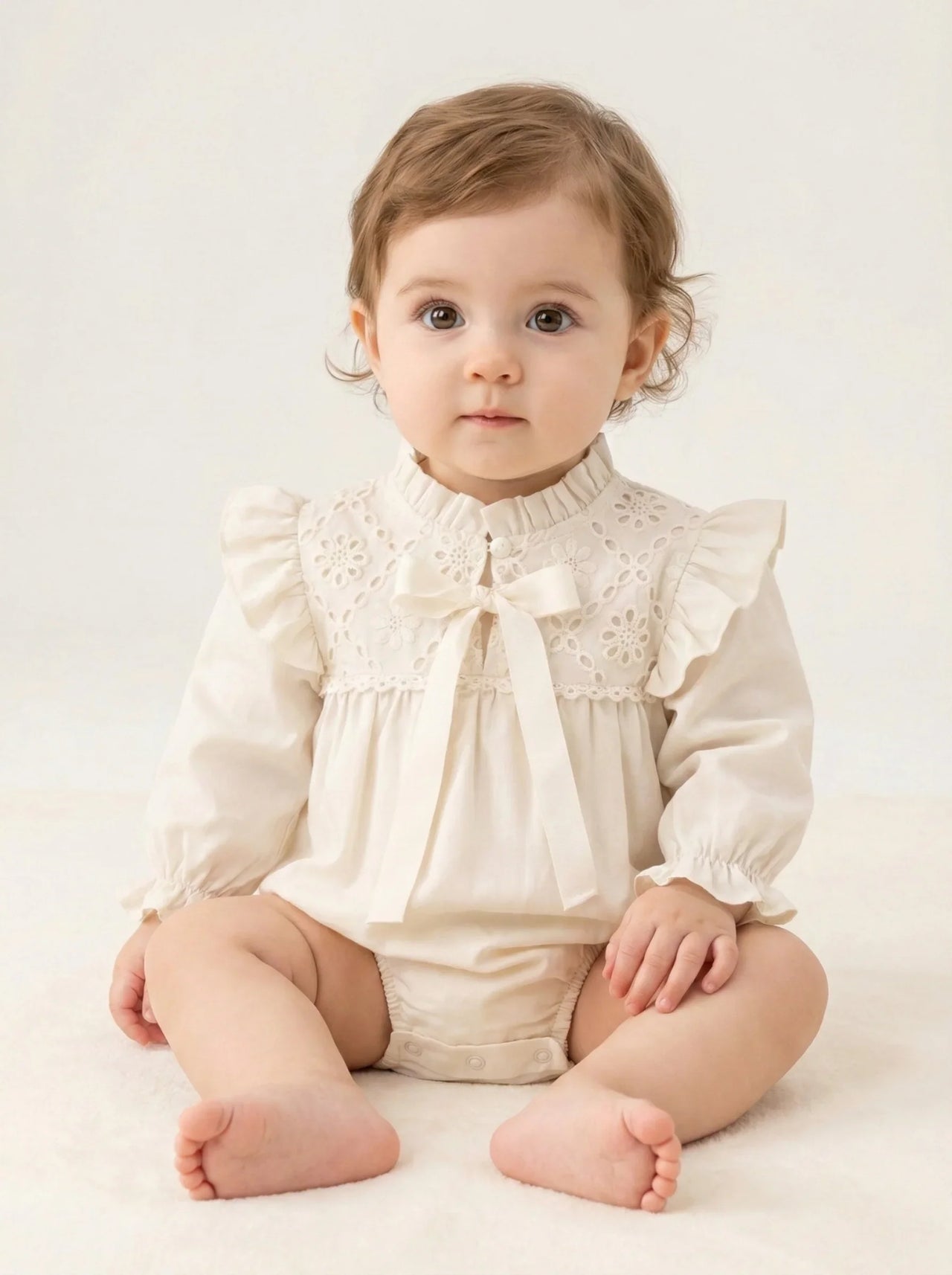 Baby's vintage antique white long sleeved romper set with lace accents on a beige background.