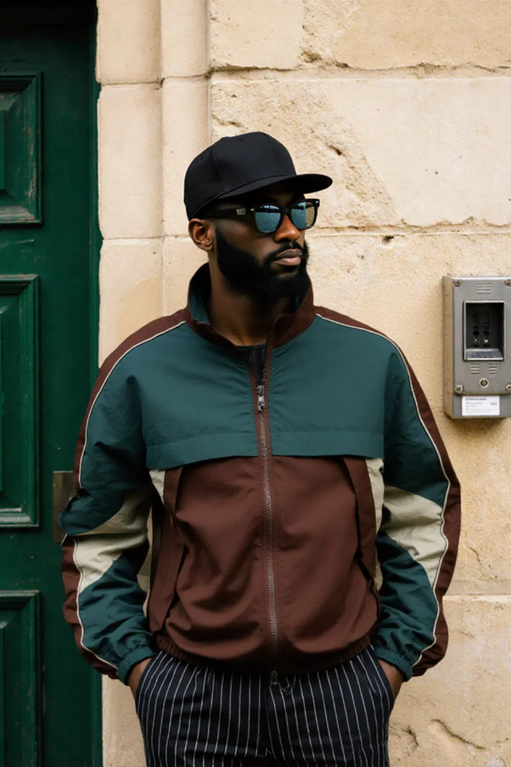 Man wearing a two-tone jacket standing against a beige wall.