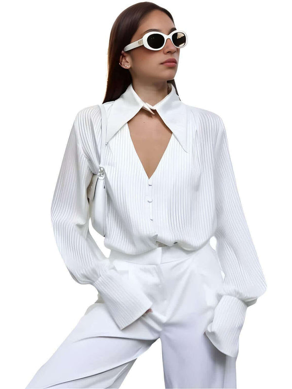Cutout Single-Breasted White Blouse For Women