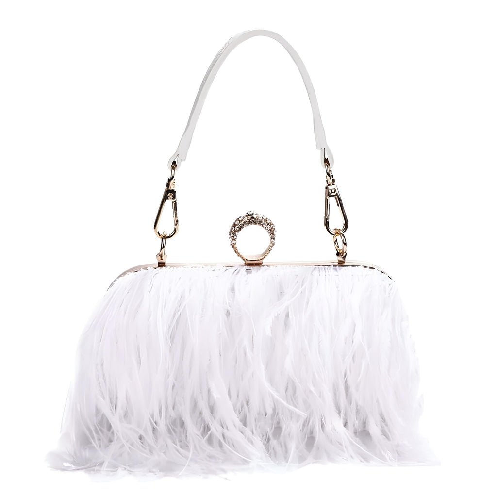 Shop Drestiny for the chic white Ostrich Feather Clutch! With a removable shoulder strap and satin interior, it's a must-have accessory. Enjoy free shipping and let us cover the tax. Don't miss out on up to 50% off for a limited time!