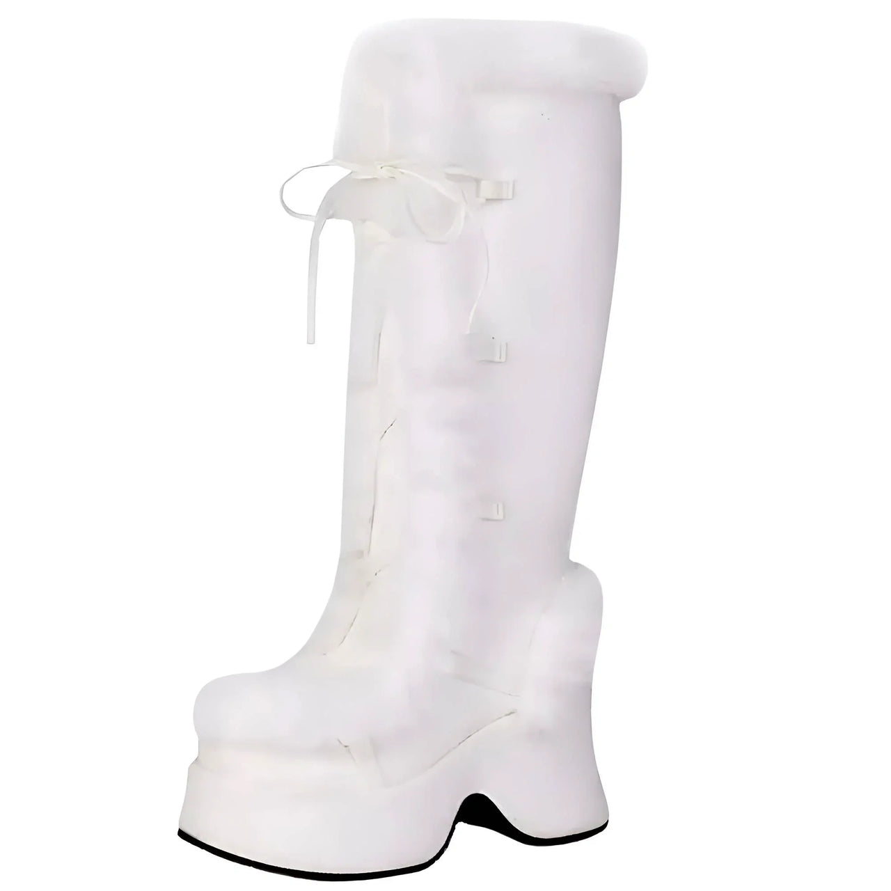 White knee-high boot with platform sole on a white background