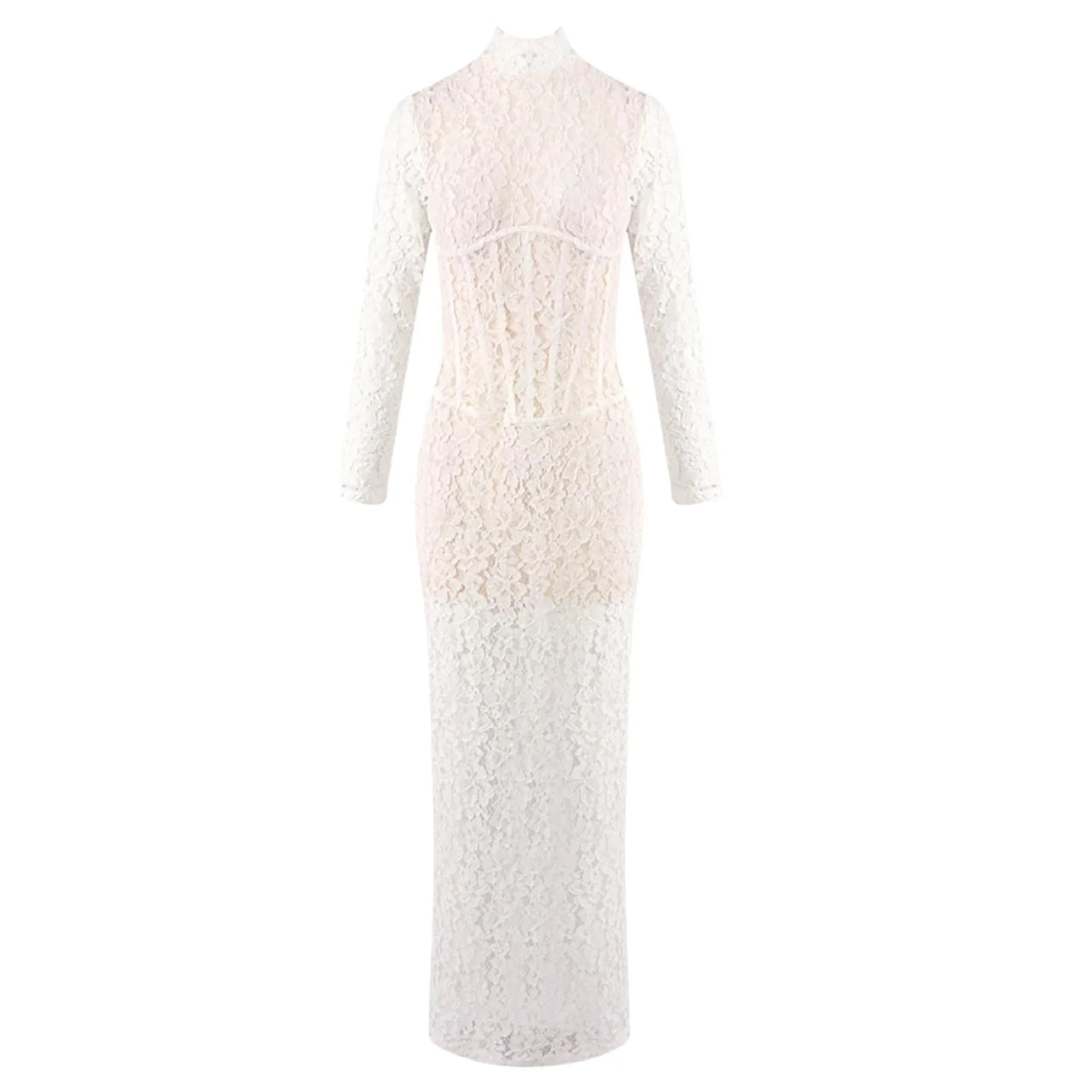 White lace maxi dress on a white background