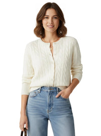 Thumbnail for Woman wearing a white cable knit cardigan and blue jeans on a white background