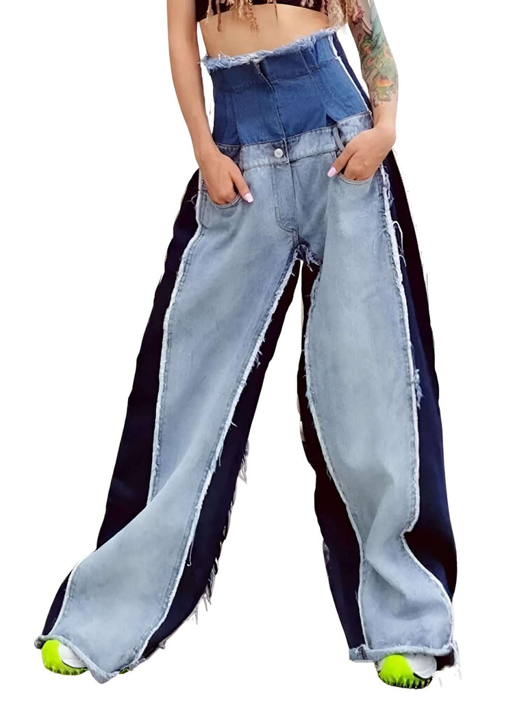 Wide Leg High Waist Denim Patchwork Jeans For Women