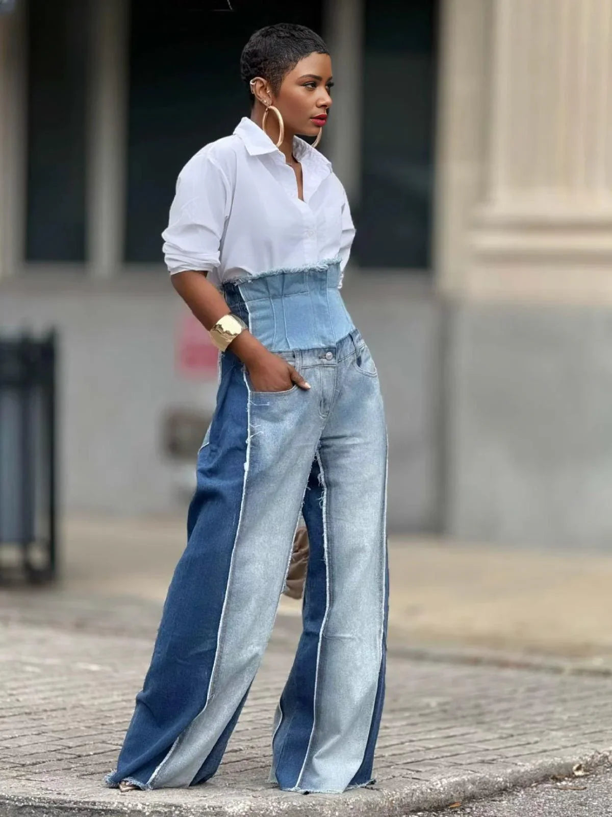 Wide Leg High Waist Denim Patchwork Jeans For Women