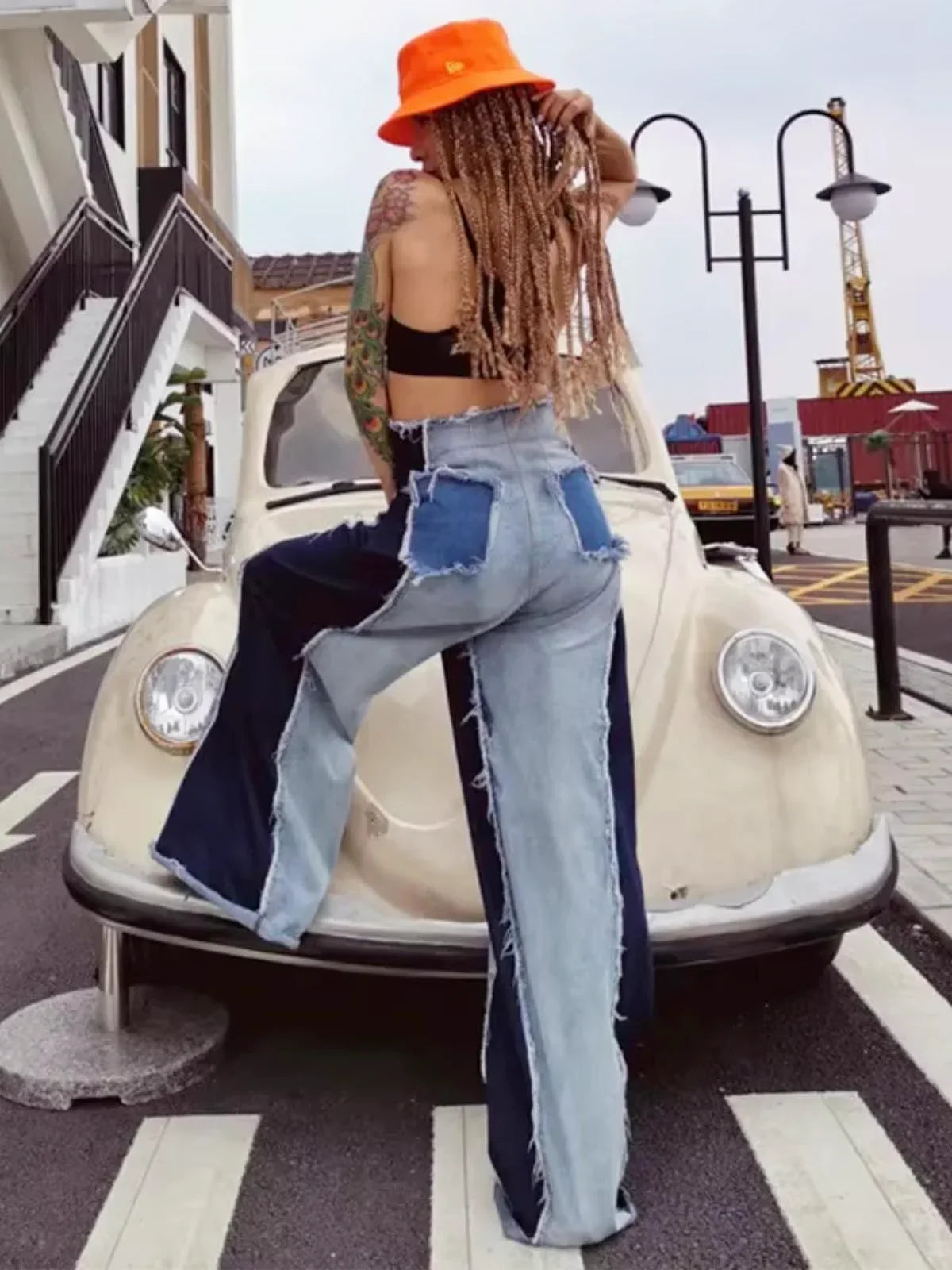 Wide Leg High Waist Denim Patchwork Jeans For Women