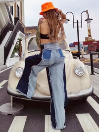 Thumbnail for Wide Leg High Waist Denim Patchwork Jeans For Women
