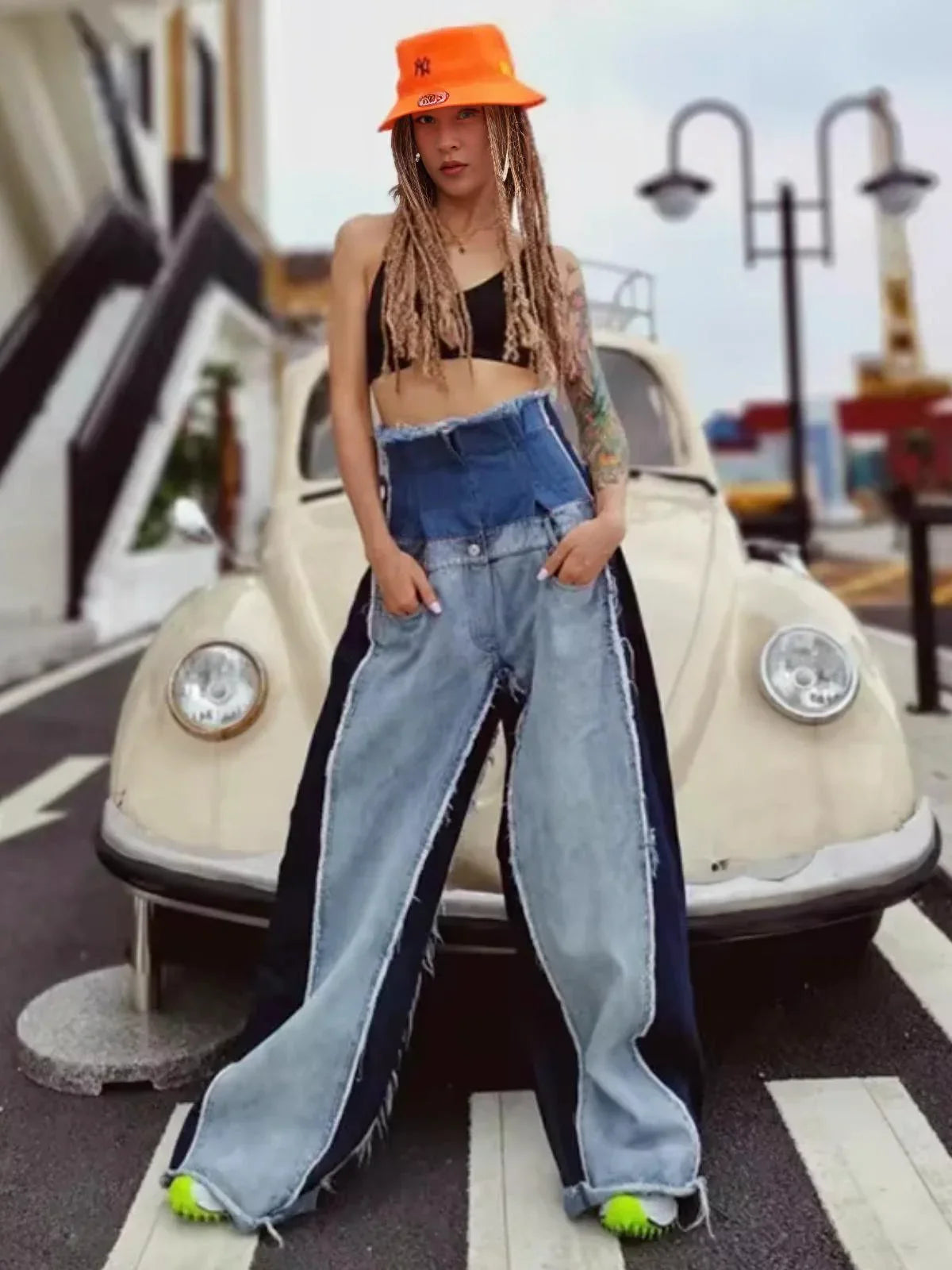 Wide Leg High Waist Denim Patchwork Jeans For Women