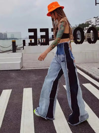 Thumbnail for Wide Leg High Waist Denim Patchwork Jeans For Women