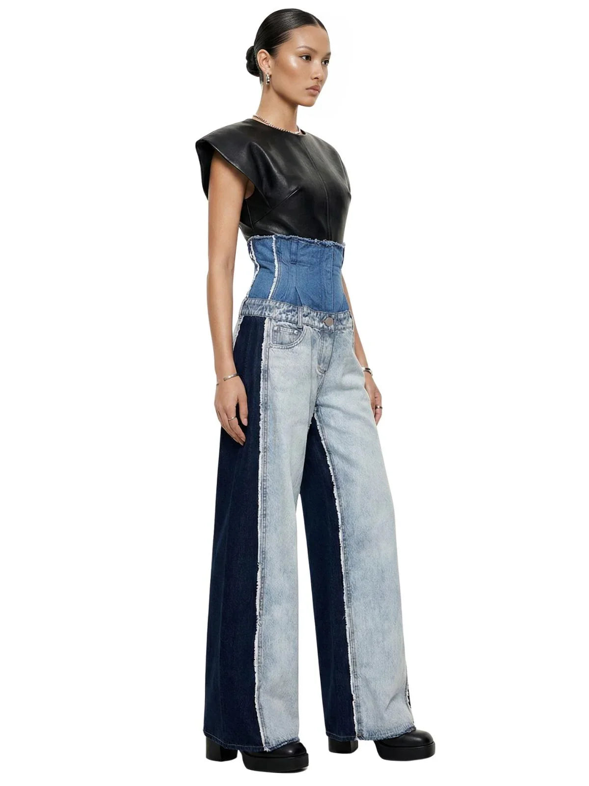 Wide Leg High Waist Denim Patchwork Jeans For Women