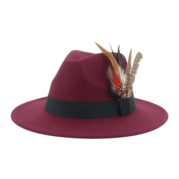 Red Wine Fedora With Feather and Band Detailing For Men & Women