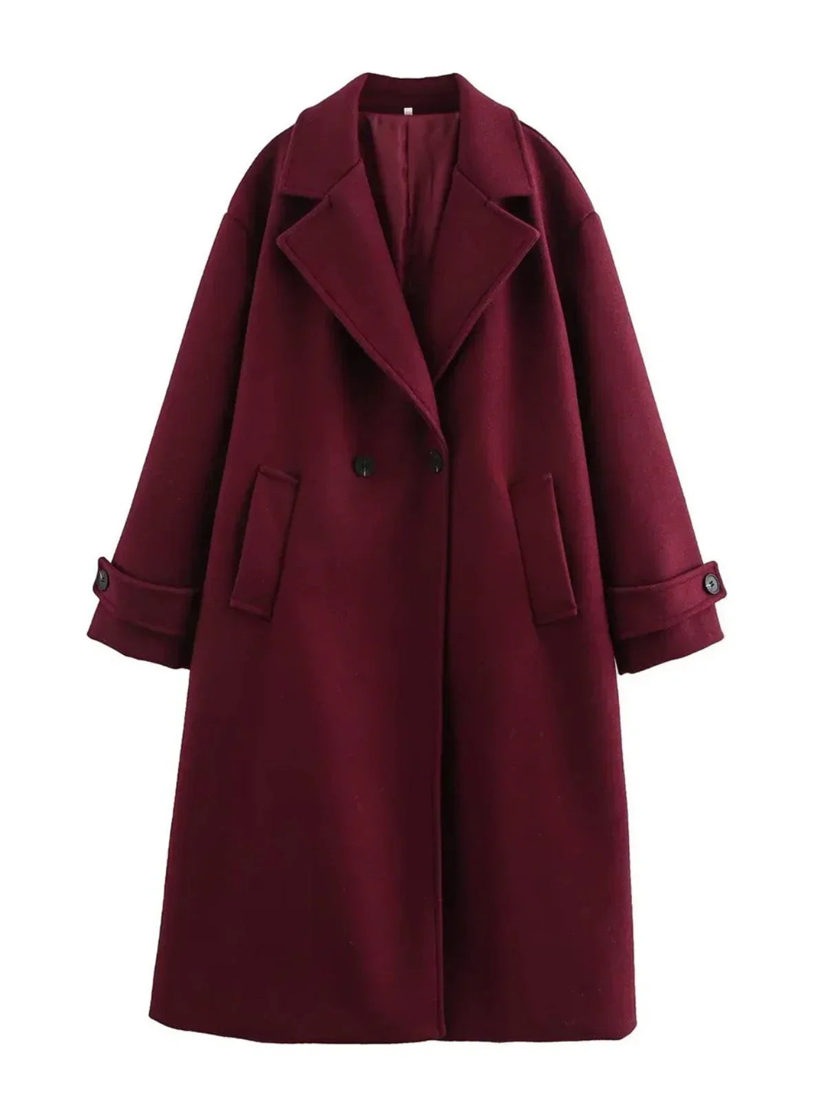 Long wine red double breasted coat with pockets and turn down collar on a white background