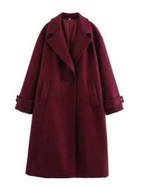 Thumbnail for Long wine red double breasted coat with pockets and turn down collar on a white background