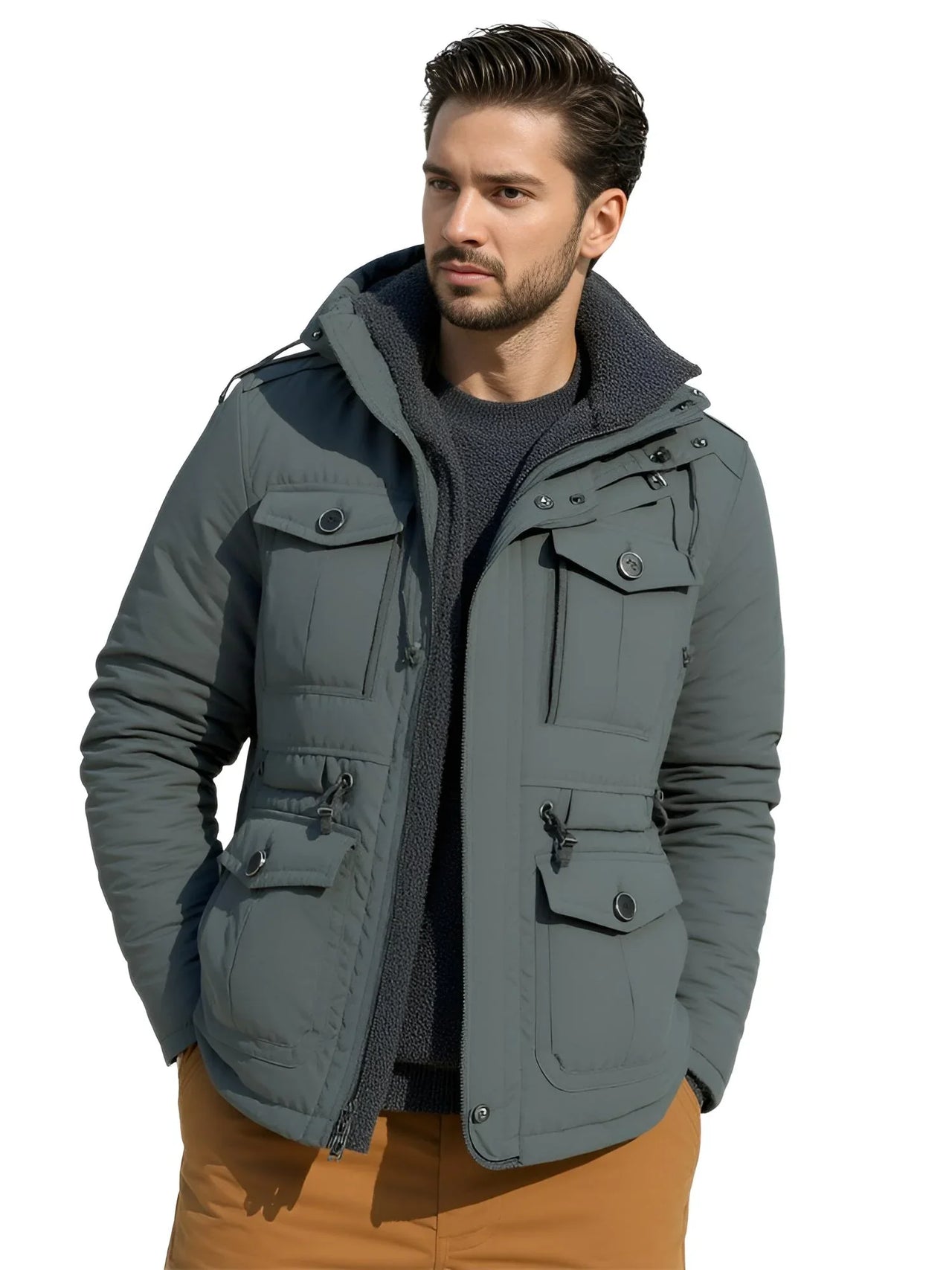 Man wearing a gray green winter jacket on a white background