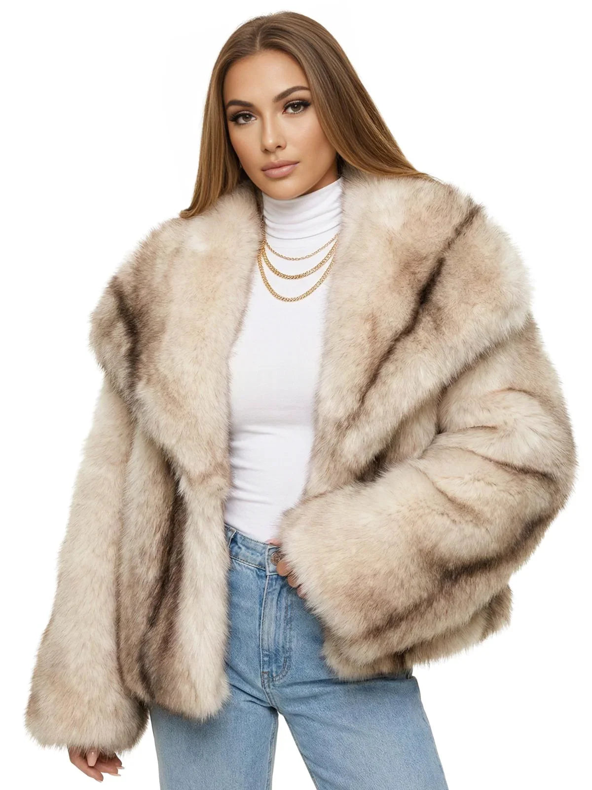 Woman wearing a white striped faux fur coat on a white background