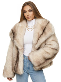 Thumbnail for Woman wearing a white striped faux fur coat on a white background
