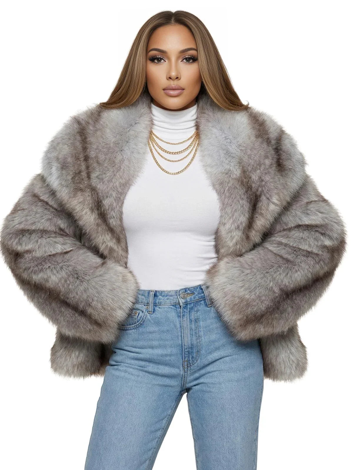 Woman wearing a light blue faux fur coat, white turtleneck, and blue jeans on a white background
