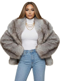 Thumbnail for Woman wearing a light blue faux fur coat, white turtleneck, and blue jeans on a white background