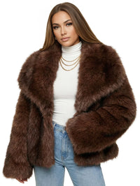 Thumbnail for Woman wearing a dark brown faux fur jacket on a white background