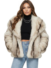 Thumbnail for Woman wearing a white striped faux fur coat with a white background