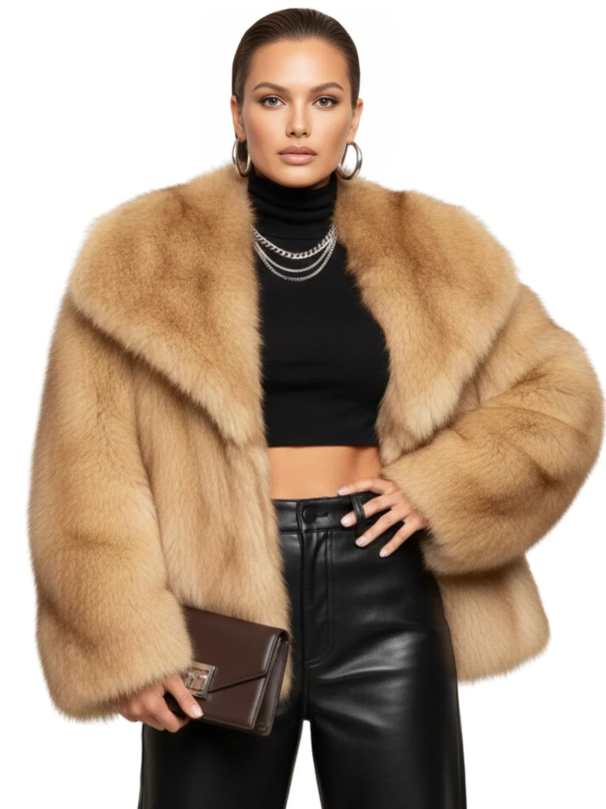 Woman wearing a camel colored faux fur coat, black turtleneck, and leather pants on a white background